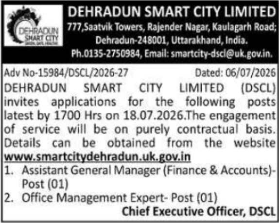 Recruitment Notice: Contractual Positions at Dehradun Smart City Limited