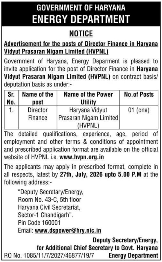 Recruitment Notice: Director Finance at Haryana Vidyut Prasaran Nigam Limited
