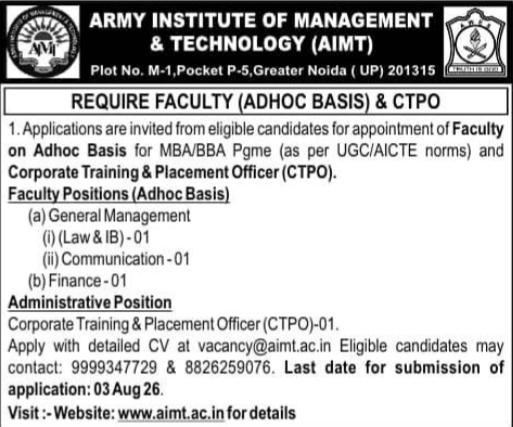 Recruitment Notice: Faculty and CTPO at Army Institute of Management & Technology