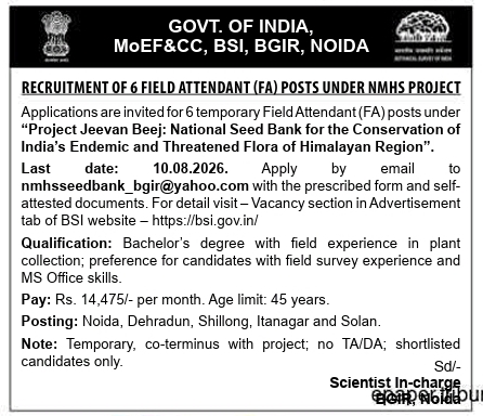 Recruitment Notice: Field Attendant Project Posts