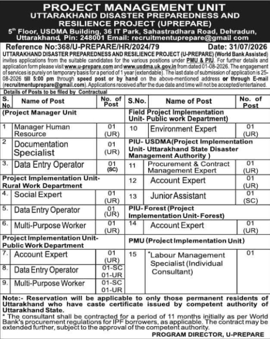 Recruitment Notice for Contractual PMU & PIU Posts under U-PREPARE