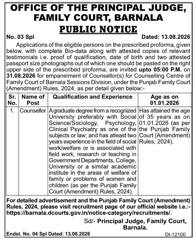 Recruitment Notice for Counsellor Empanelment by Family Court Barnala