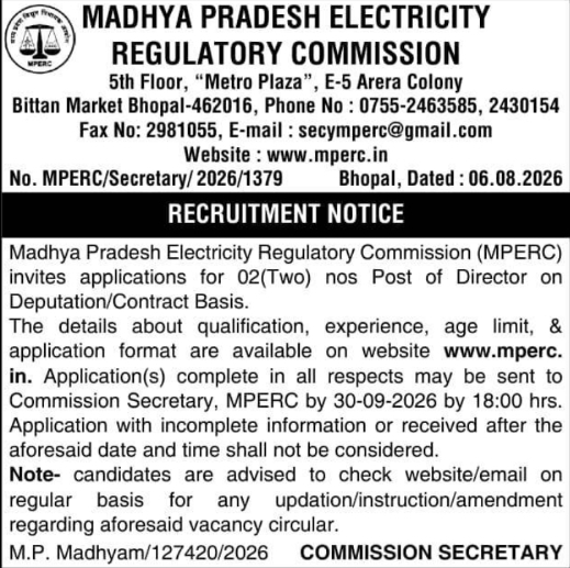 Recruitment Notice for Director Posts by MPERC Bhopal