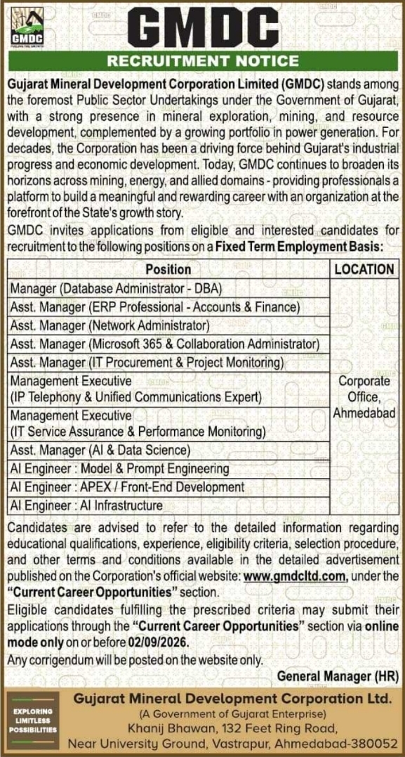 Recruitment Notice for IT and AI Professionals by GMDC