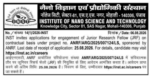 Recruitment Notice for JRF Post under ANRF Project by INST