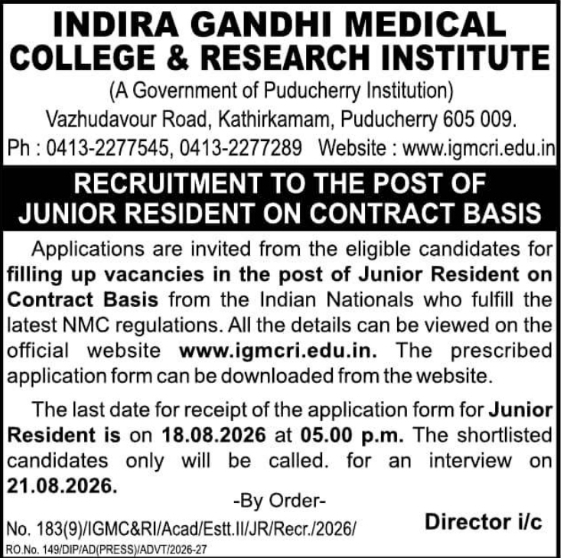 Recruitment Notice for Junior Resident Posts by IGMC&RI