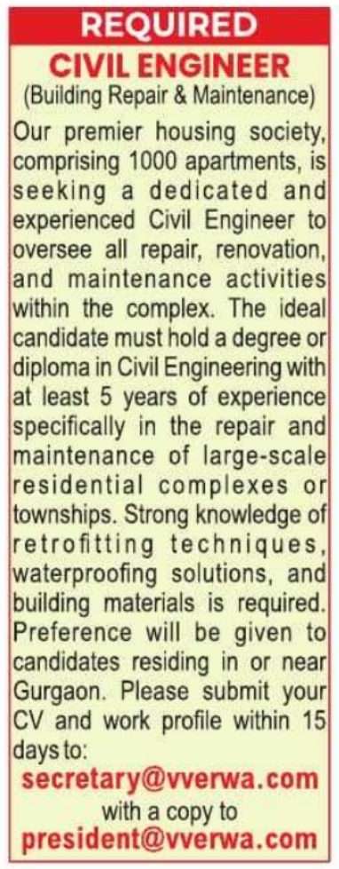Recruitment Notice for Maintenance Civil Engineer