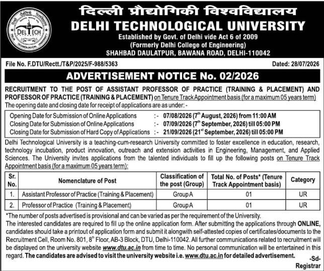 Recruitment Notice for Professor of Practice Posts by DTU Delhi