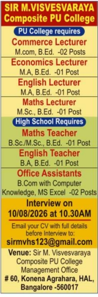 Recruitment Notice for PU College and High School Teachers