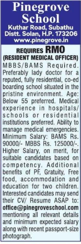 Recruitment Notice for Resident Medical Officer by Pinegrove School