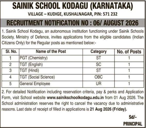 Recruitment Notice for Sainik School Kodagu Academic Vacancies