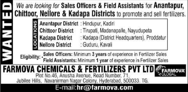 Recruitment Notice for Sales Positions by Farmova Chemicals