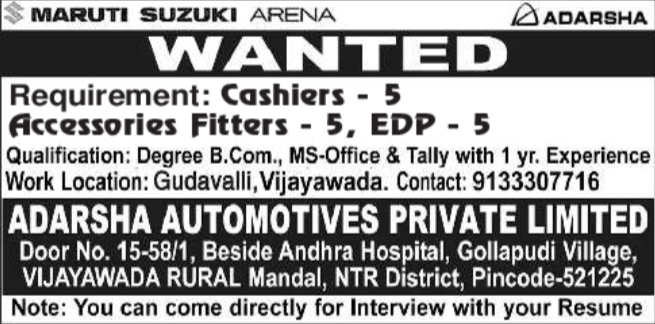 Recruitment Notice for Showroom staff by Adarsha Automotives