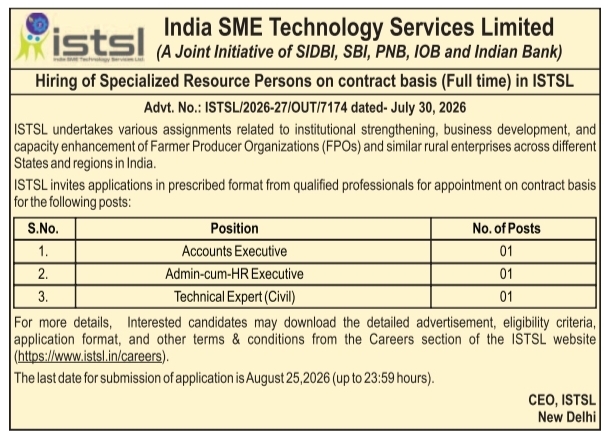 Recruitment Notice for Specialized Resource Persons by India SME Technology Services Limited
