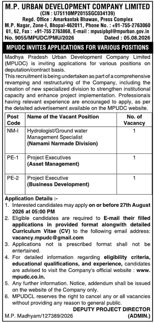 Recruitment Notice for Various Positions by MPUDC Bhopal