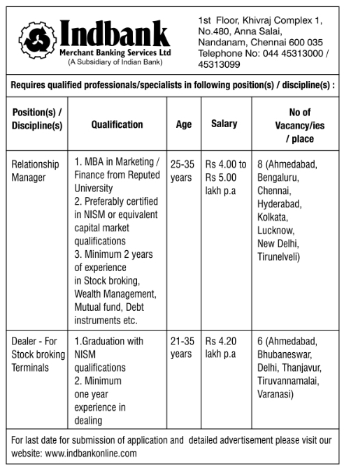 Recruitment Notice: Indbank Professional Vacancies