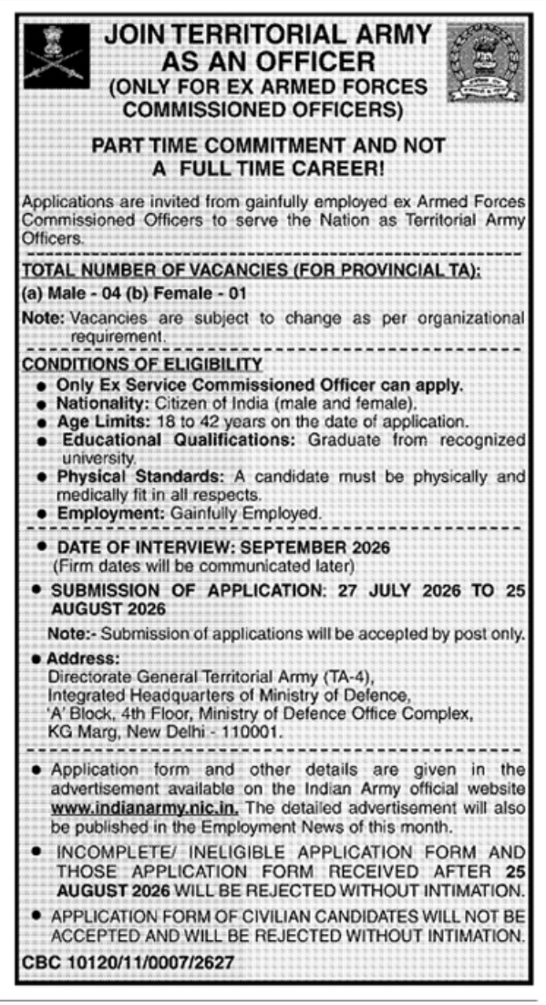 Recruitment Notice: Join Territorial Army as an Officer for Ex-Armed Forces