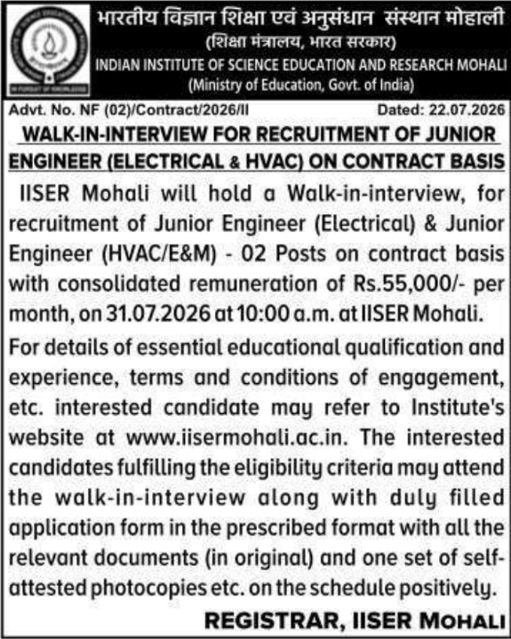 Recruitment Notice: Junior Engineer (Electrical & HVAC)