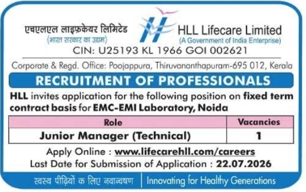 Recruitment Notice: Junior Manager (Technical) at HLL Lifecare Limited
