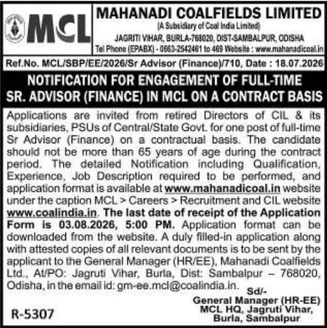 Recruitment Notice: MCL Full-Time Senior Advisor Finance