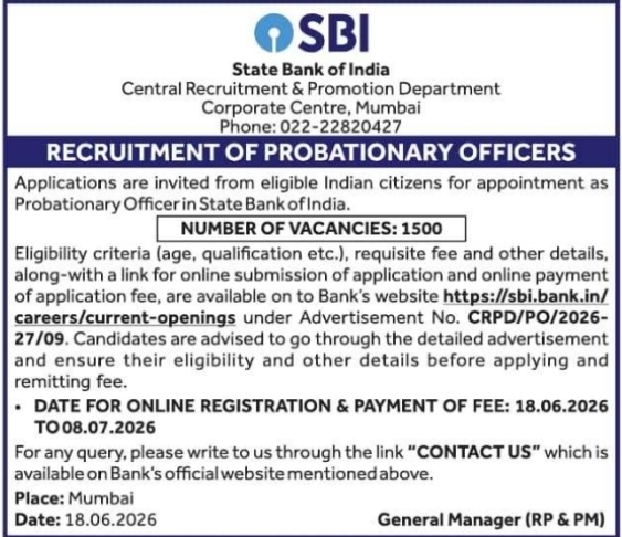 Recruitment Notice: Probationary Officers SBI Mumbai