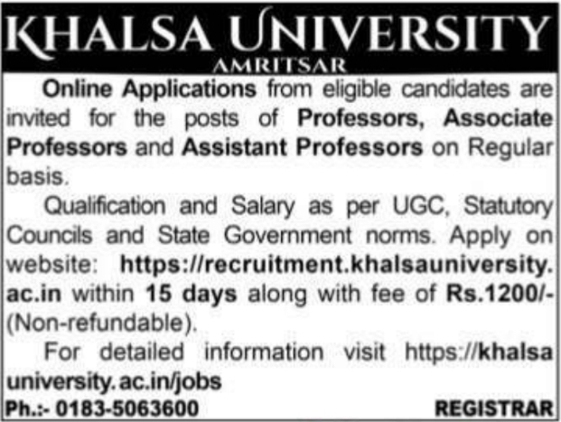 Recruitment Notice: Regular Faculty Positions at Khalsa University