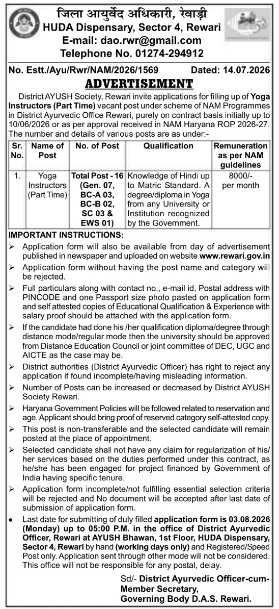 Recruitment Notice: Rewari District AYUSH Society Yoga Instructors