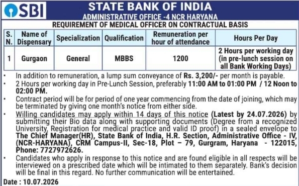 Recruitment Notice: SBI Contractual Medical Officer