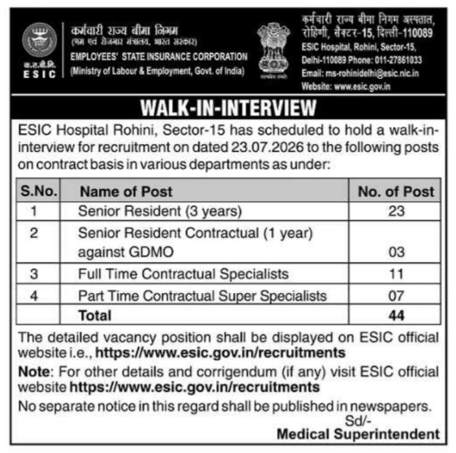 Recruitment Notice: Senior Residents, Full Time & Part Time Contractual Specialists