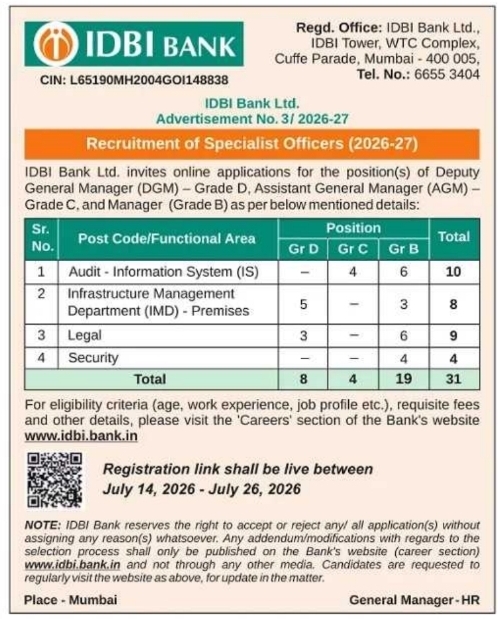 Recruitment Notice: Specialist Officers at IDBI Bank