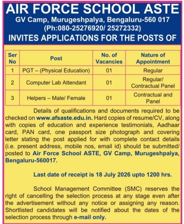 Recruitment Notice: Staff Vacancies at Air Force School ASTE