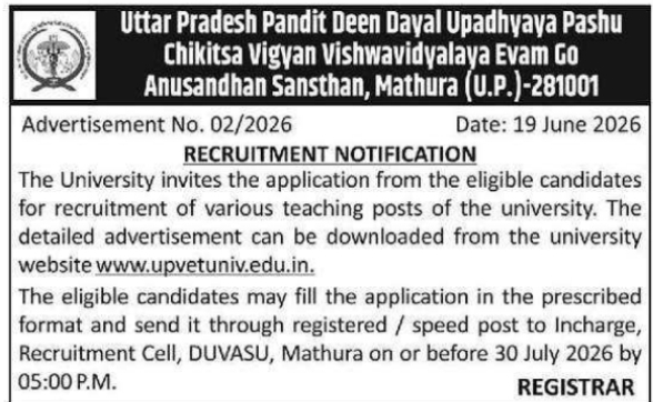 Recruitment Notice: Teaching Posts DUVASU Mathura