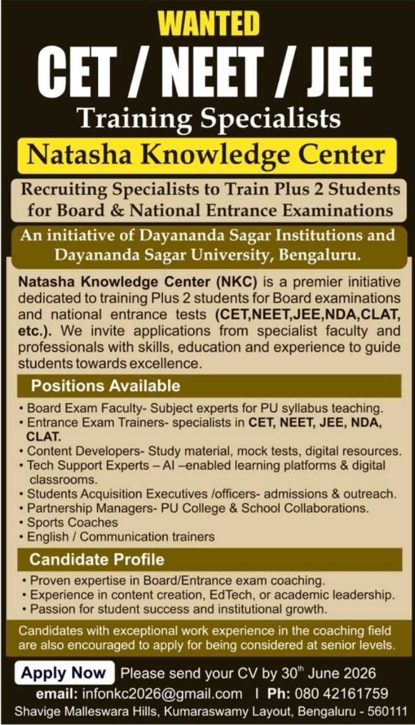 Recruitment Notice: Training Specialists NKC Bengaluru