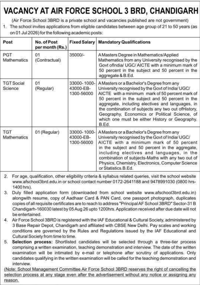 Recruitment Notice: Teaching staff at Air Force School 3 BRD