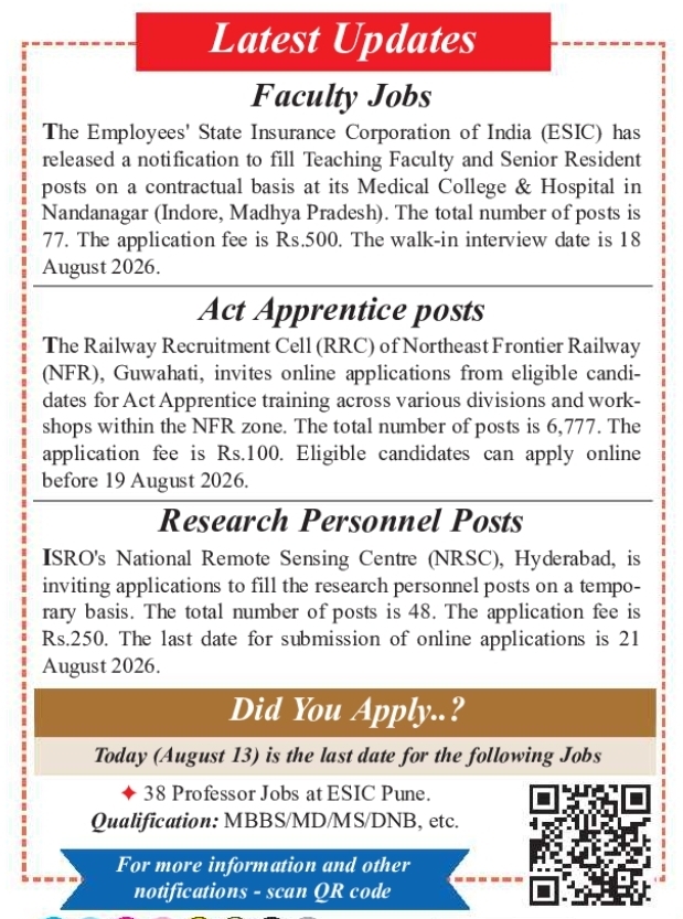 Recruitment Notification for Faculty and Apprentice Posts by ESIC, RRC NFR, and NRSC