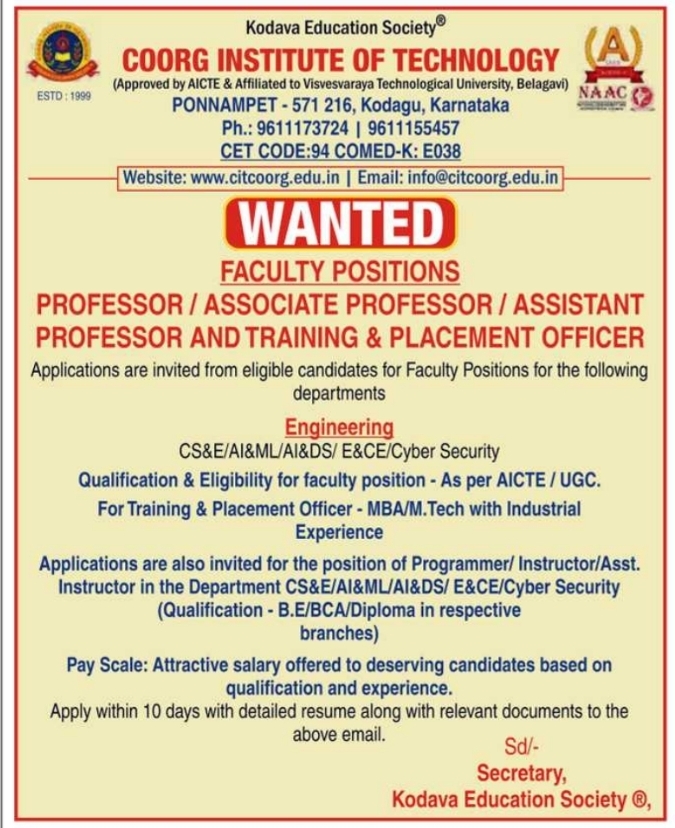 Recruitment Notification for Faculty Positions by CIT