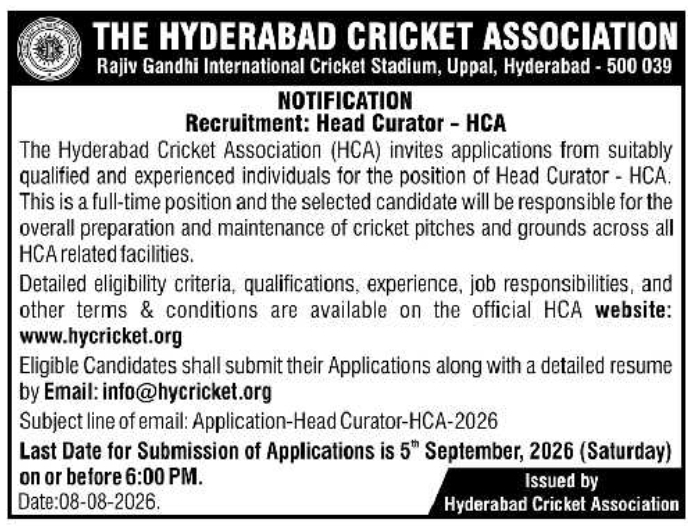 Recruitment Notification for Full-Time Head Curator by Hyderabad Cricket Association