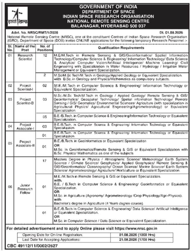 Recruitment Notification for Temporary Research Positions at NRSC