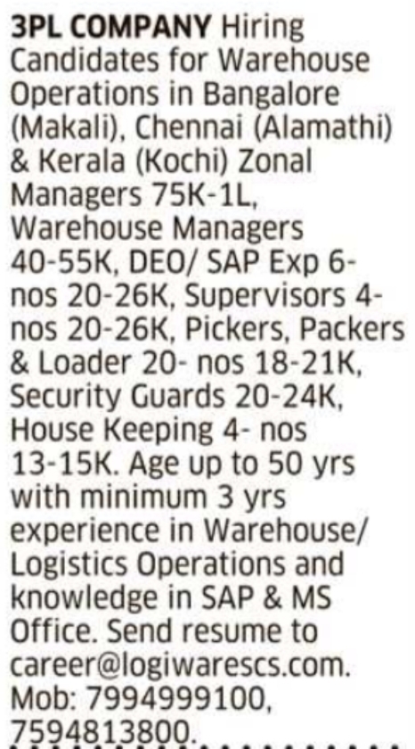 Recruitment Notification for Warehouse Operations Roles by 3PL Company