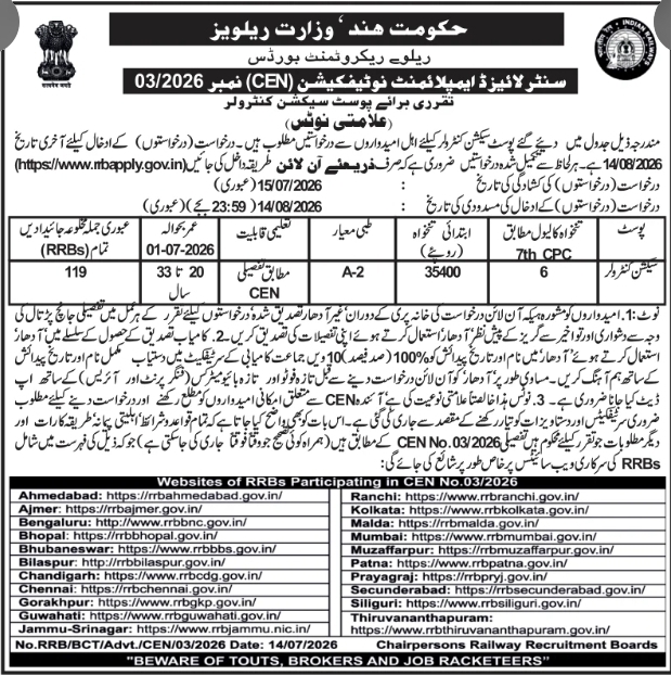 Recruitment Notification: Section Controller Posts (Indian Railways)