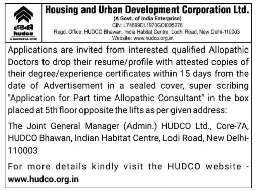 Recruitment of Part-Time Allopathic Consultants by HUDCO