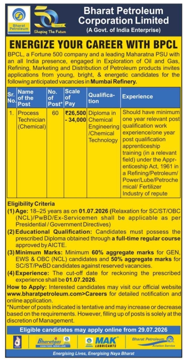 Recruitment of Process Technicians by Bharat Petroleum Corporation Limited