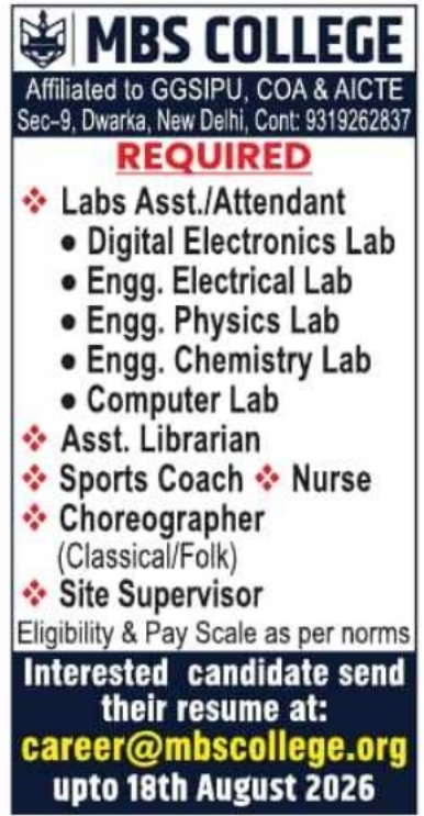 Recruitment of Technical and Support Staff by MBS College