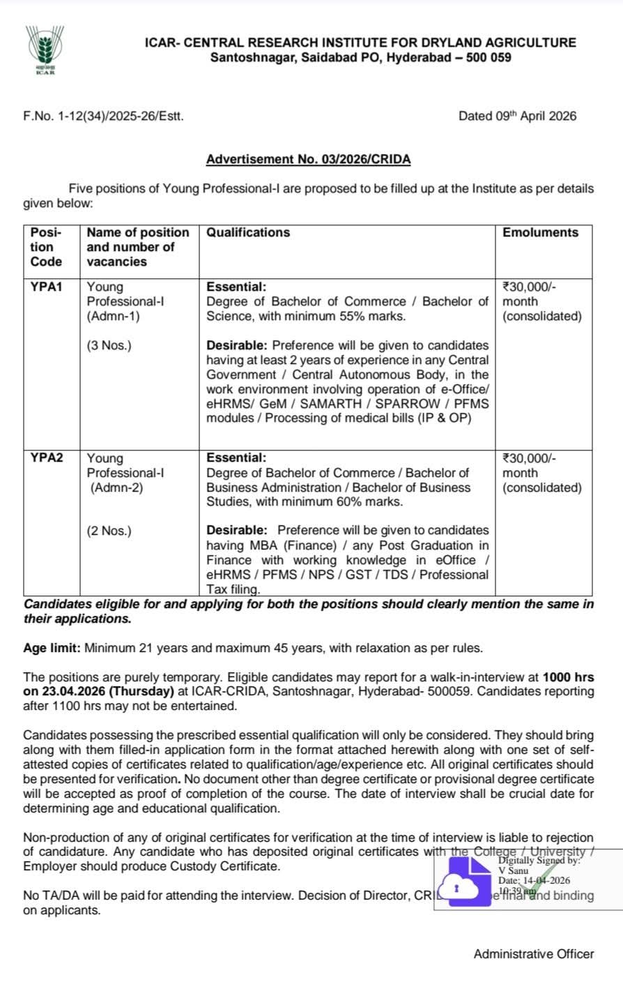 Recruitment: Young Professional-I (Admin) at ICAR-CRIDA