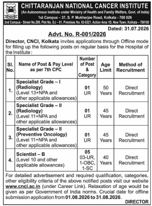 Regular Recruitment Notice for Specialists and Scientist Posts at CNCI