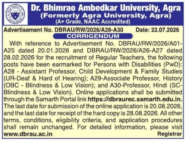Regular Teacher PwD Earmarking Corrigendum Notice by Dr. Bhimrao Ambedkar University