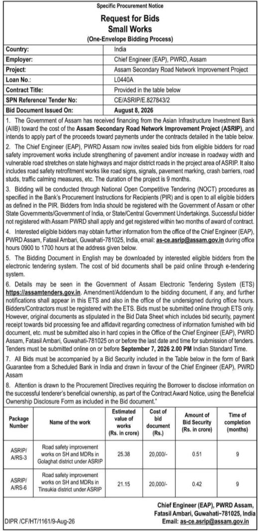 Request for Bids for District Road Safety Infrastructure Development by PWRD