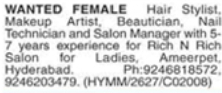 Rich N Rich Salon for Ladies: Recruitment for Female Salon Staff