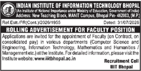 Rolling Advertisement for Faculty Positions: IIIT Bhopal