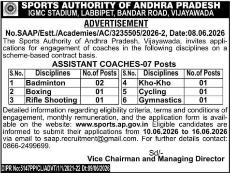 SAAP Assistant Coaches Recruitment
